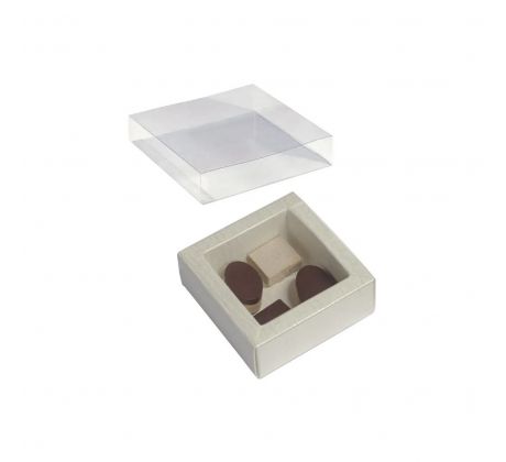 Krabička na pralinky s okienkom 6x6x3,2cm biela koža